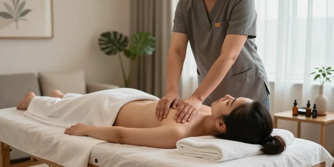 Expert providing 하남출장마사지 in a cozy living room setting, enhancing relaxation for the client.