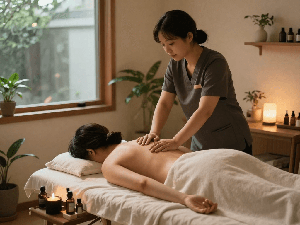 Relaxing 강남출장안마 service in serene home setting with therapist and client.