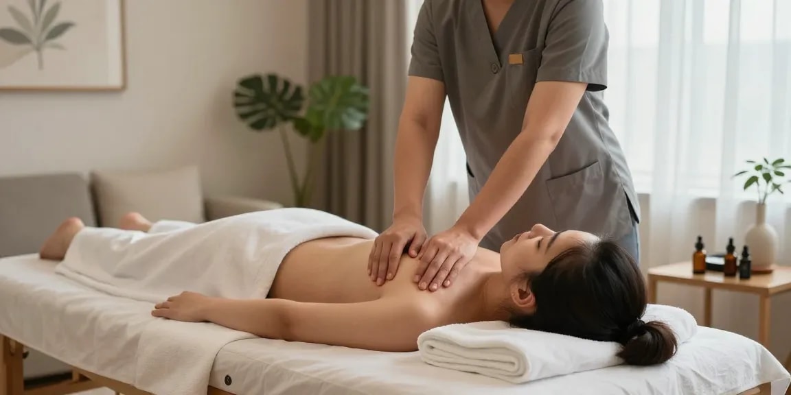Expert providing 하남출장마사지 in a cozy living room setting, enhancing relaxation for the client.