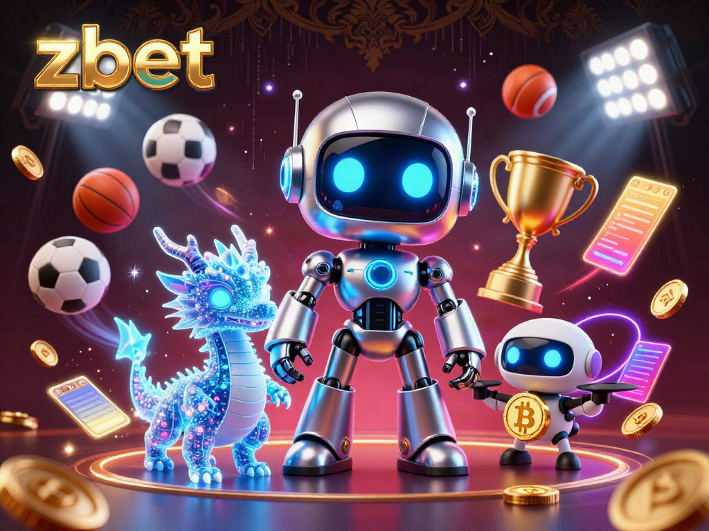 Experience zbet with a vibrant 3D scene featuring a cyberpunk robot and sports elements in a thrilling casino environment.