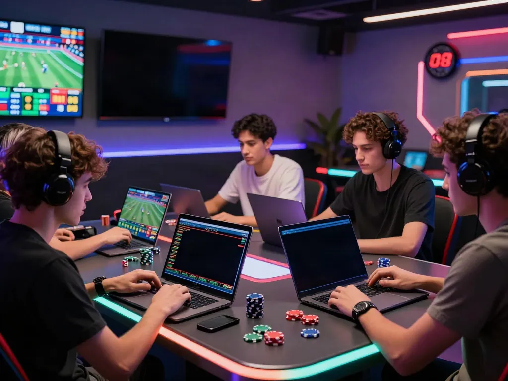 Engaged players at https://debet.gb.net/ analyzing sports statistics and placing bets in a vibrant gaming lounge.