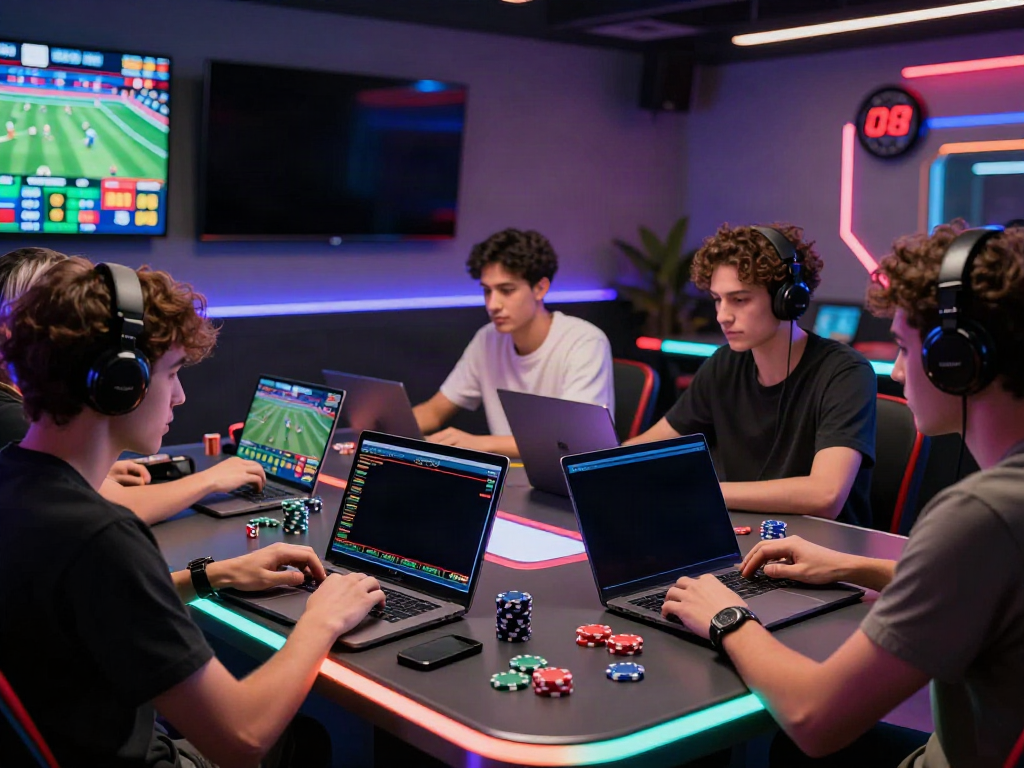 Engaged players at https://debet.gb.net/ analyzing sports statistics and placing bets in a vibrant gaming lounge.