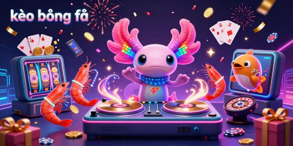 Experience kèo bóng đá excitement with a dynamic underwater party scene featuring a vibrant axolotl DJ, shrimp dancers, and game elements.