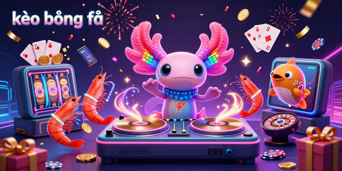 Experience kèo bóng đá excitement with a dynamic underwater party scene featuring a vibrant axolotl DJ, shrimp dancers, and game elements.