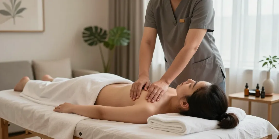 Expert providing 하남출장마사지 in a cozy living room setting, enhancing relaxation for the client.
