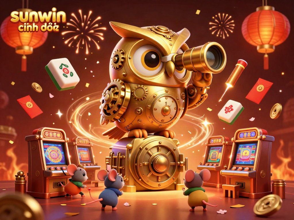 Engage in gaming at sunwin chính thức, illustrated with clockwork owl and vibrant casino elements.