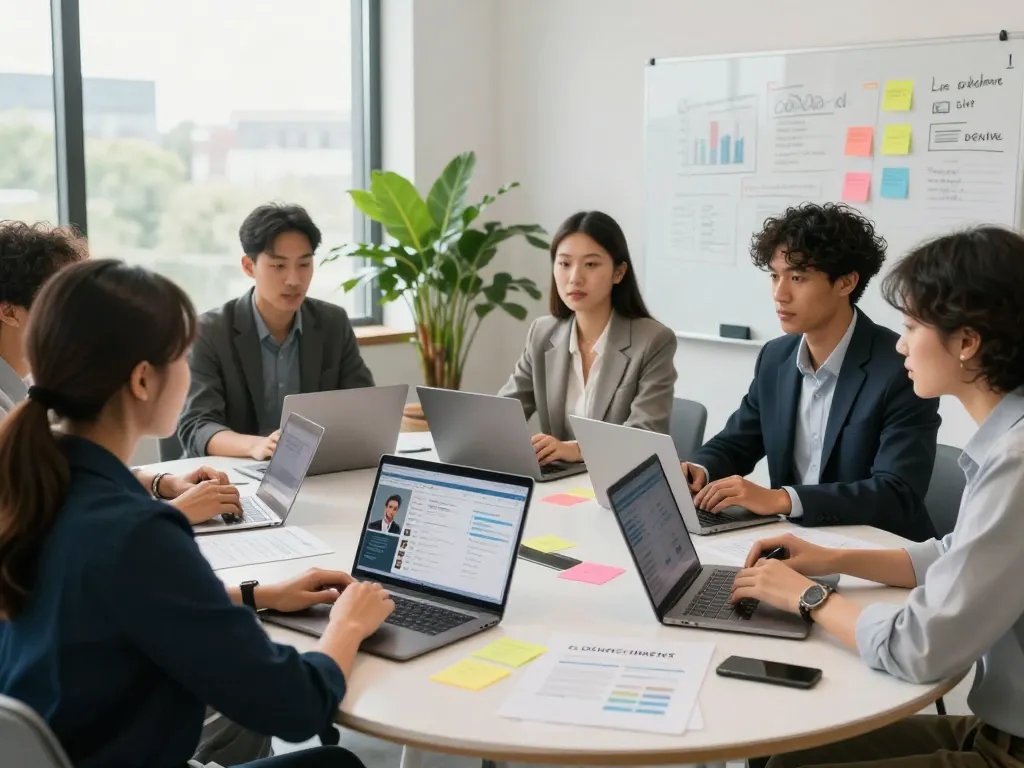 Diverse professionals engaging in recruitment strategy discussion at a modern office table with laptops and documents, highlighting search firms.