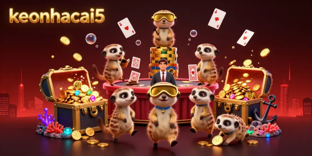 Engage with keonhacai5 at an animated meerkat casino adventure featuring vibrant, dynamic elements.