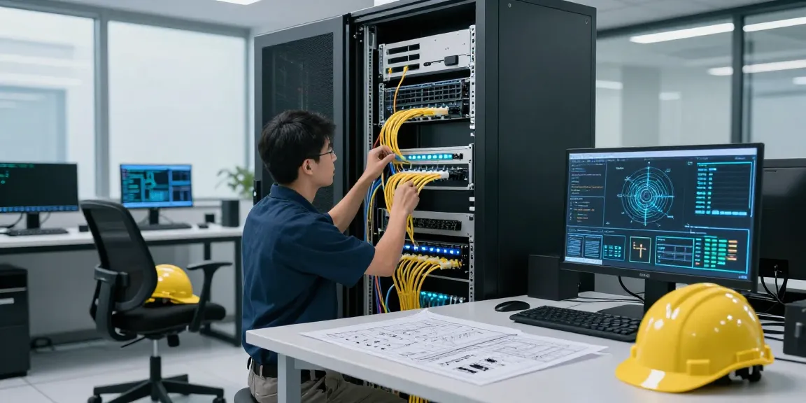 Engineer connecting optical cords in a high-tech data center with servers and network equipment