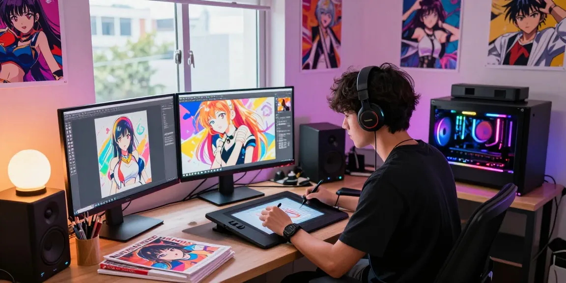 Artist creating captivating AI ecchi illustrations in a vibrant digital art studio, showcasing creative tools and anime-inspired decor.