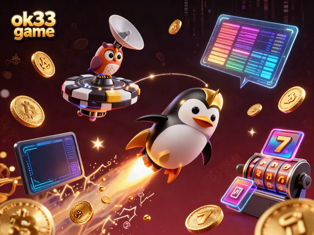 Engage with the vibrant visuals of the ok33 game featuring a penguin, crypto symbols, and casino elements.