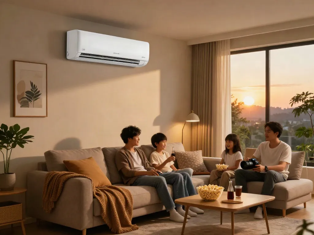 Cozy living room with a mini split ac unit, family movie night atmosphere.
