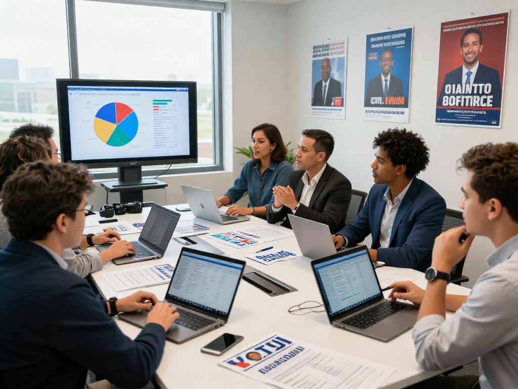School board election consultant discussing campaign strategies with a diverse team in a modern office.