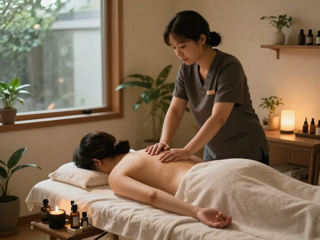 Relaxing 강남출장안마 service in serene home setting with therapist and client.