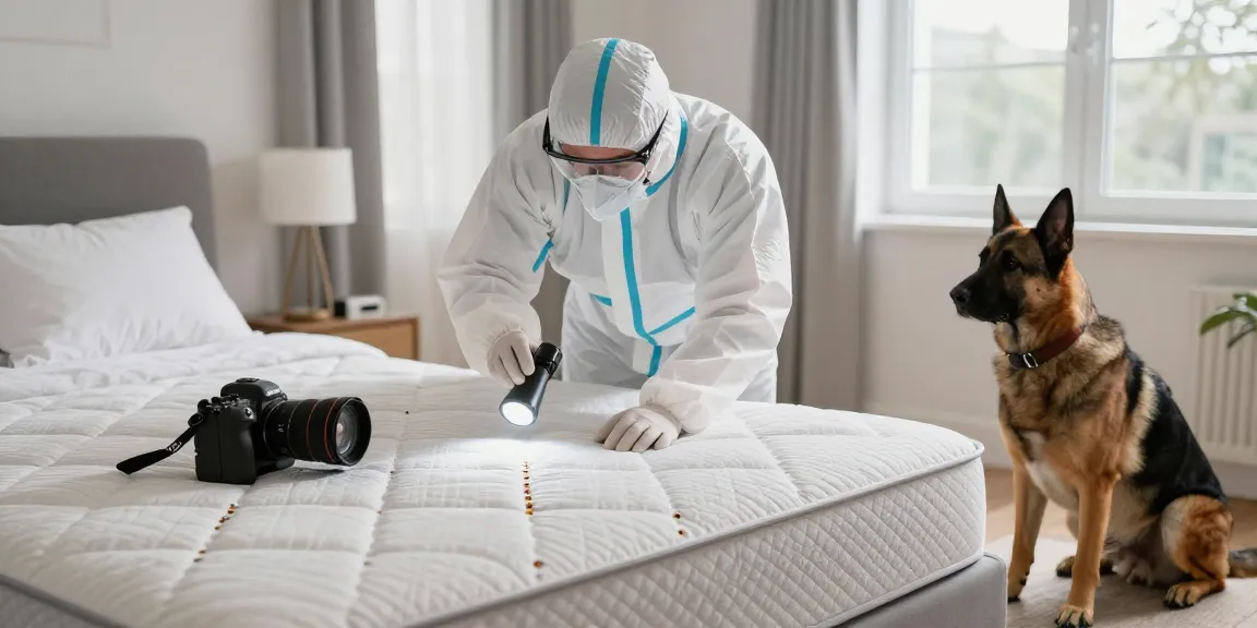 Expert bed bug pest control in action, professional exterminator inspecting mattress seams with detection tools.