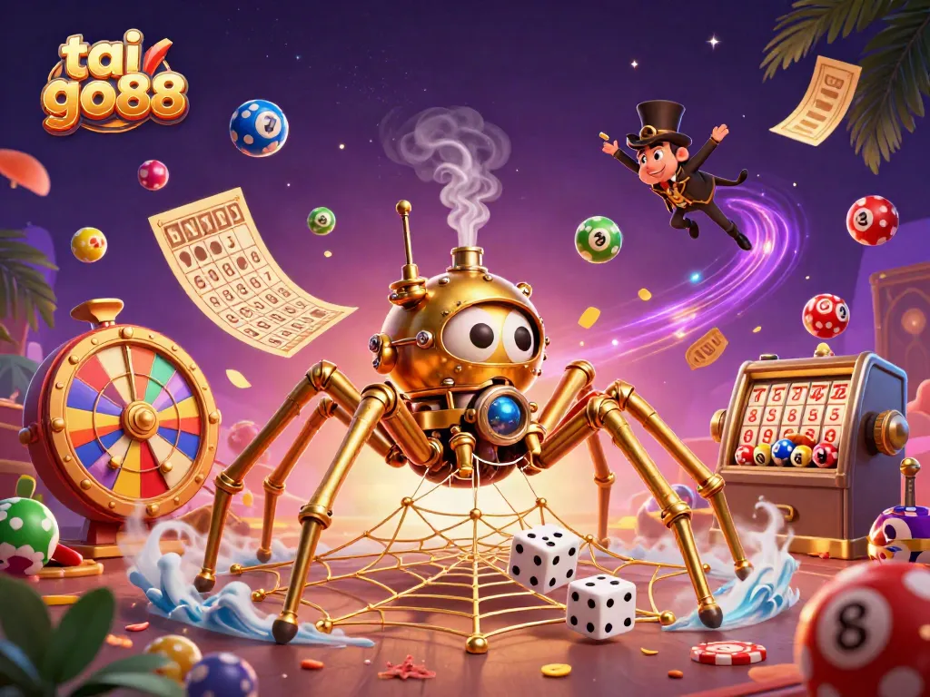 Engage in thrilling gameplay at tai go88 with a steampunk spider capturing dice in a vibrant casino scene.