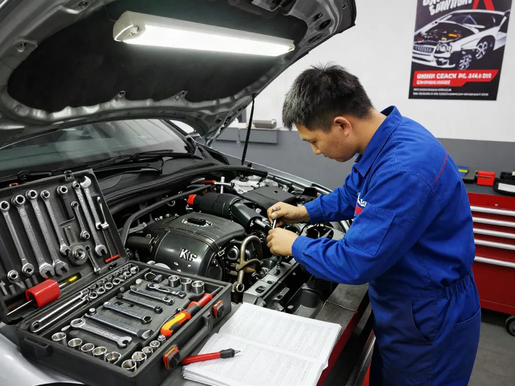 Mechanic using KS tools in a well-lit automotive workshop for engine repair.