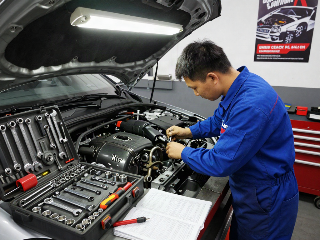 Mechanic using KS tools in a well-lit automotive workshop for engine repair.
