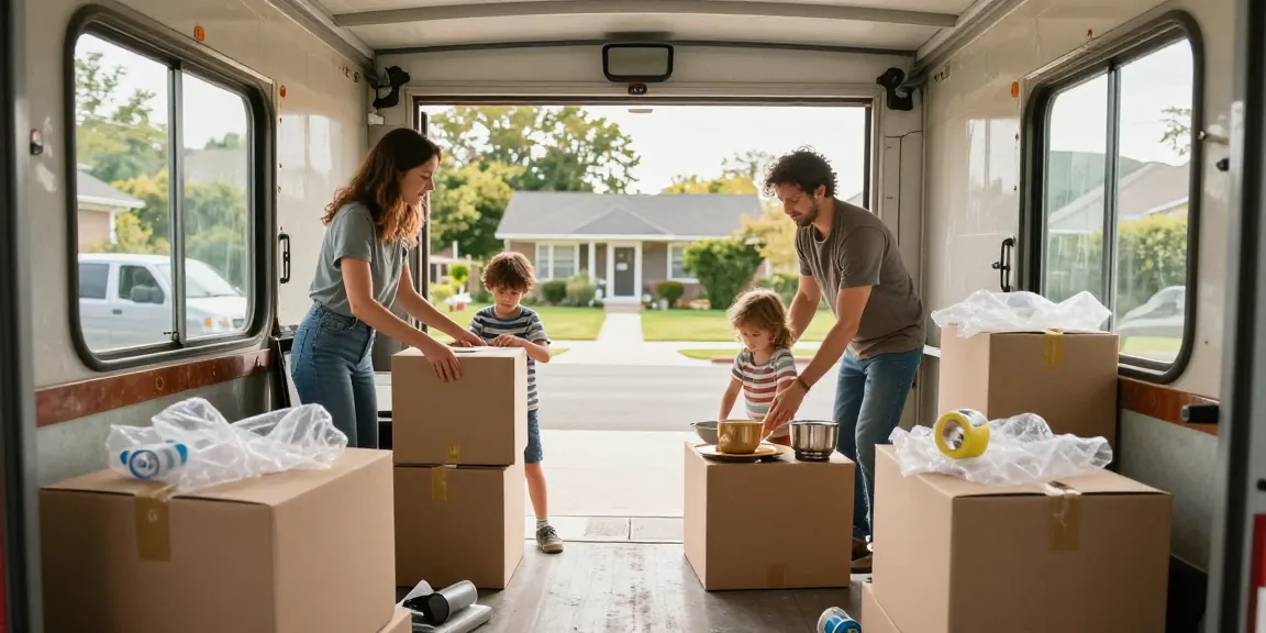 Family packing for Moving Services with items organized and a moving truck in a suburban setting.