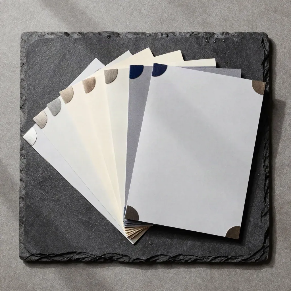 Overhead cream audit folio, site-map cards and proof slip on wet slate with navy accent.