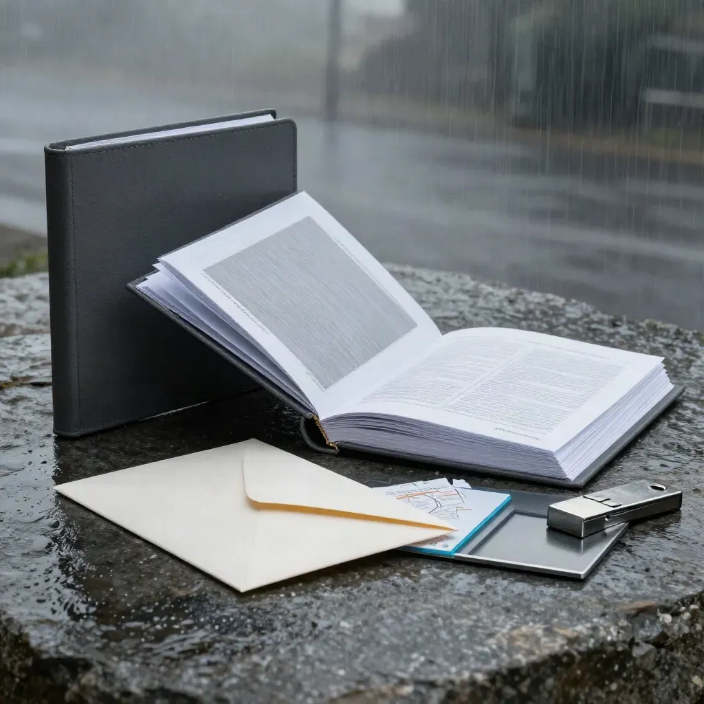 Charcoal startup audit binder on wet stone with envelope, cards, and analytics tile in rain haze