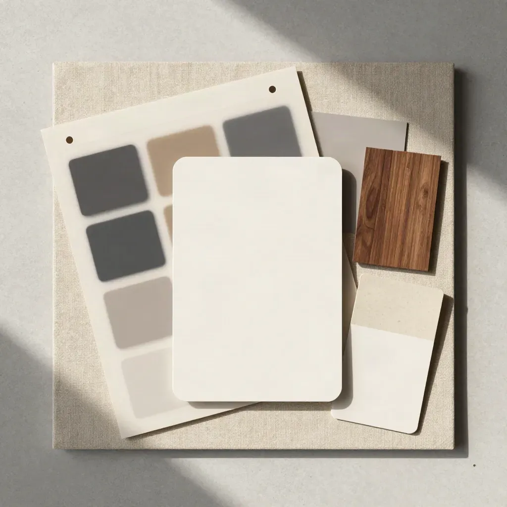 Overhead flatlay of website redesign mockup cards, swatches, and modular paper blocks on pale fabric.