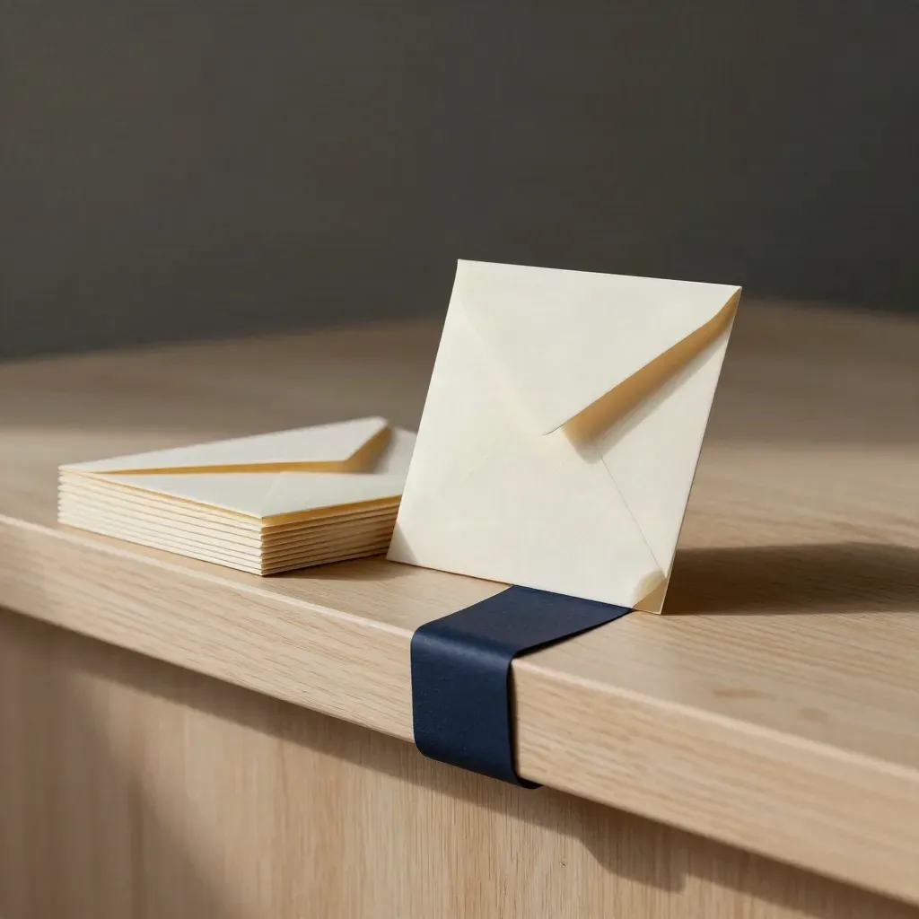 Dark studio still life of email welcome flow cards, envelope stack and paper band on pale wood.