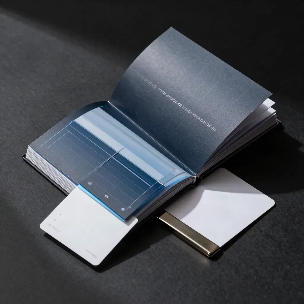 Slim audit folio with blue proof chips and metal clip on a dark studio surface