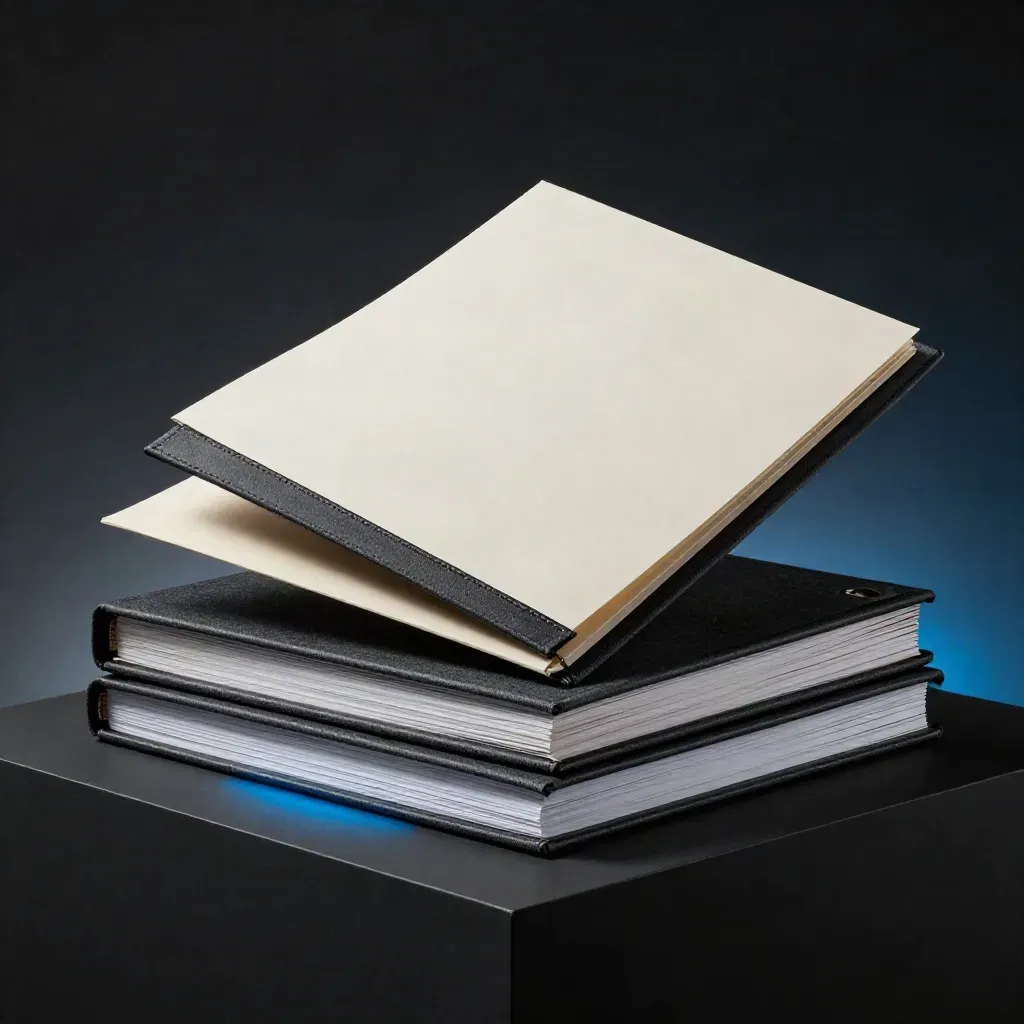 Three premium marketing folders in a dramatic blue-lit studio stack on a black plinth.