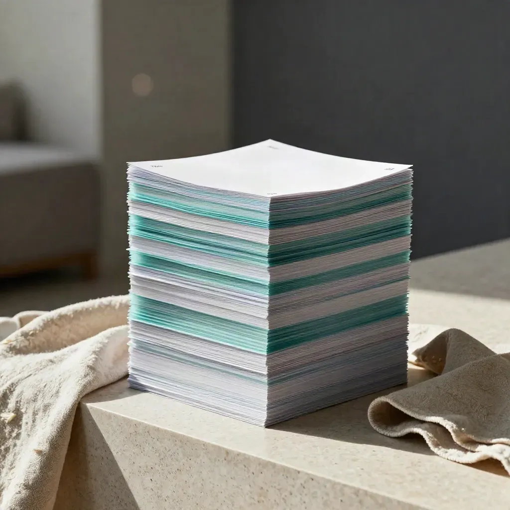 Stacked teal audit cards beside folded linen on travertine, softly lit with bokeh.