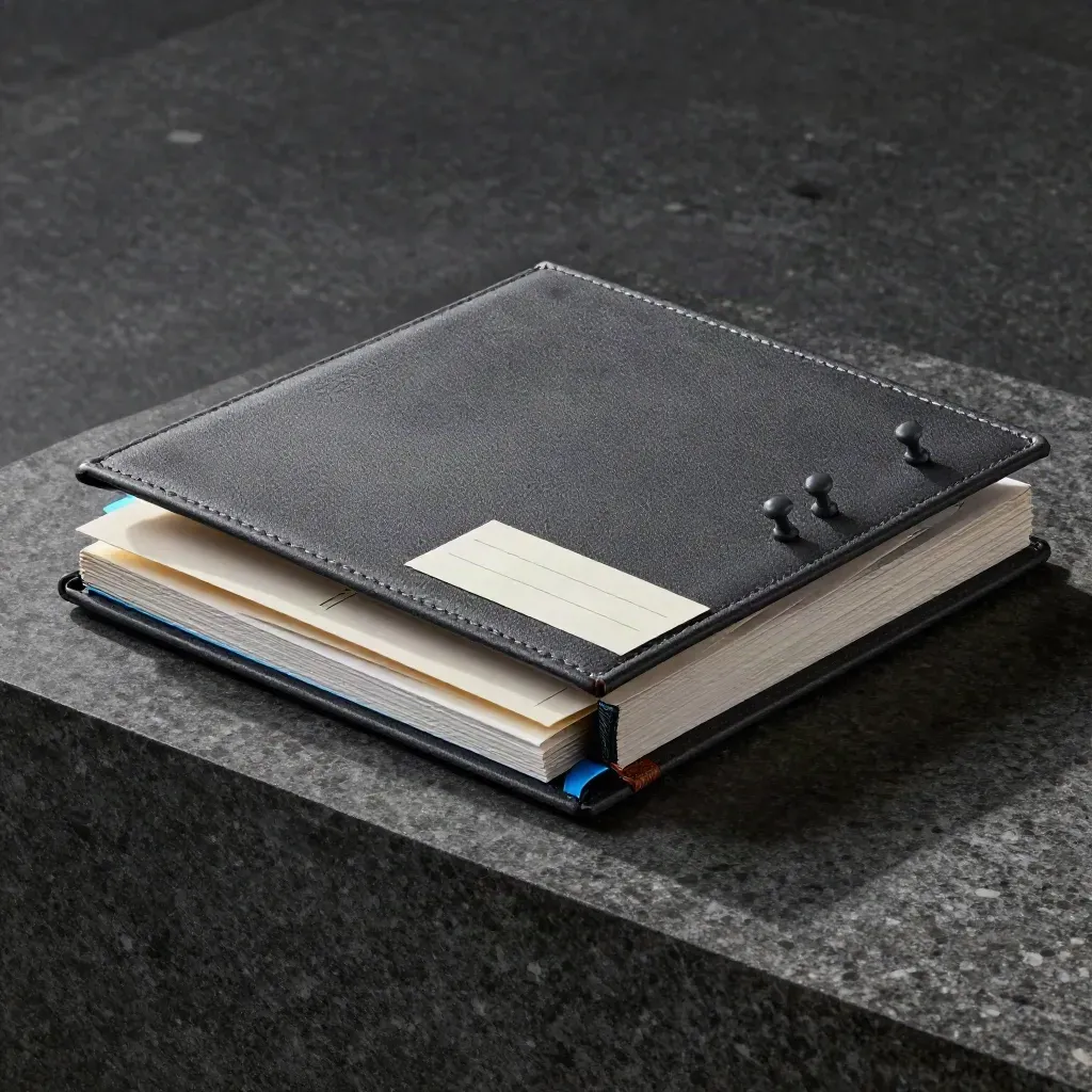 Macro of an open SEO retainer binder on stone with pins and route cards