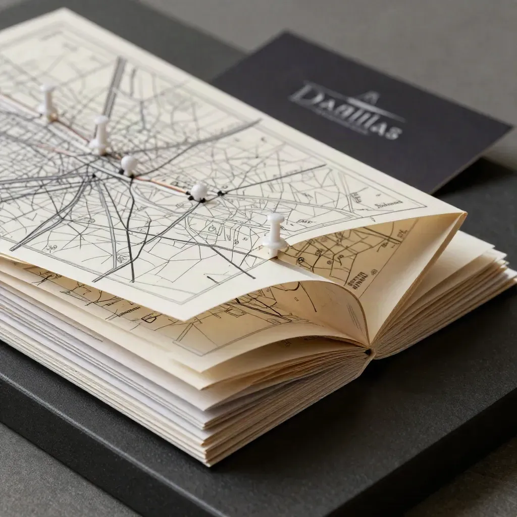 Close-up of folded Dallas market planning cards and pins on a dark plinth.