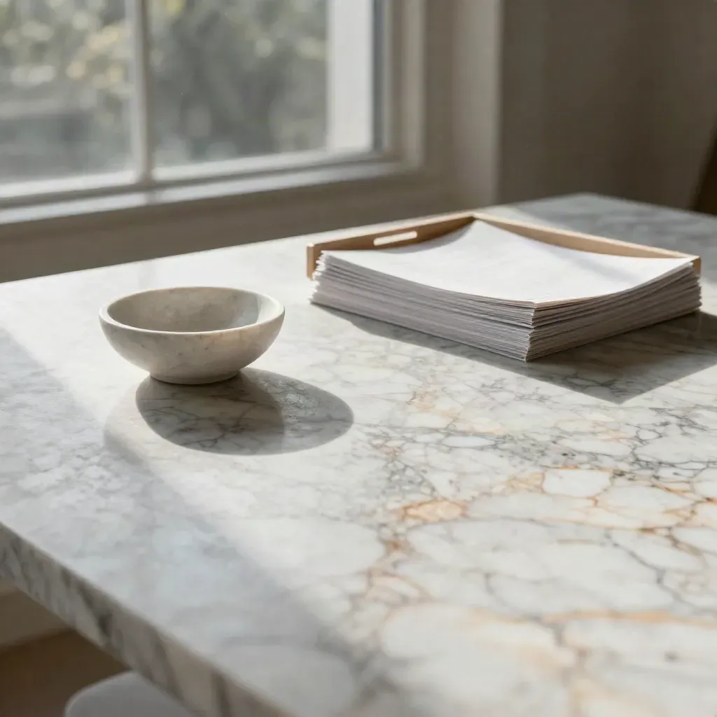 Sunlit marble tabletop with a white stone bowl and paper stack under a tall window, calm copy space below