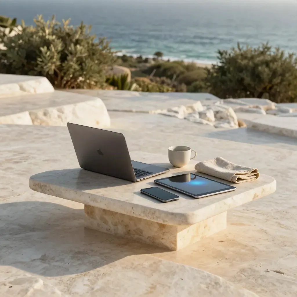 Travertine terrace at golden hour with laptop, tablet, and phone near the sea.