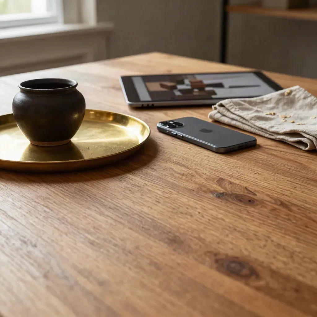 Warm oak desk with brass tray, dark ceramic form, and blurred tablet glow.
