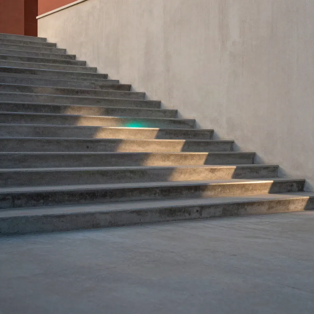 Concrete stair and plaster wall in blue-hour mist with a teal glow, wide from below.