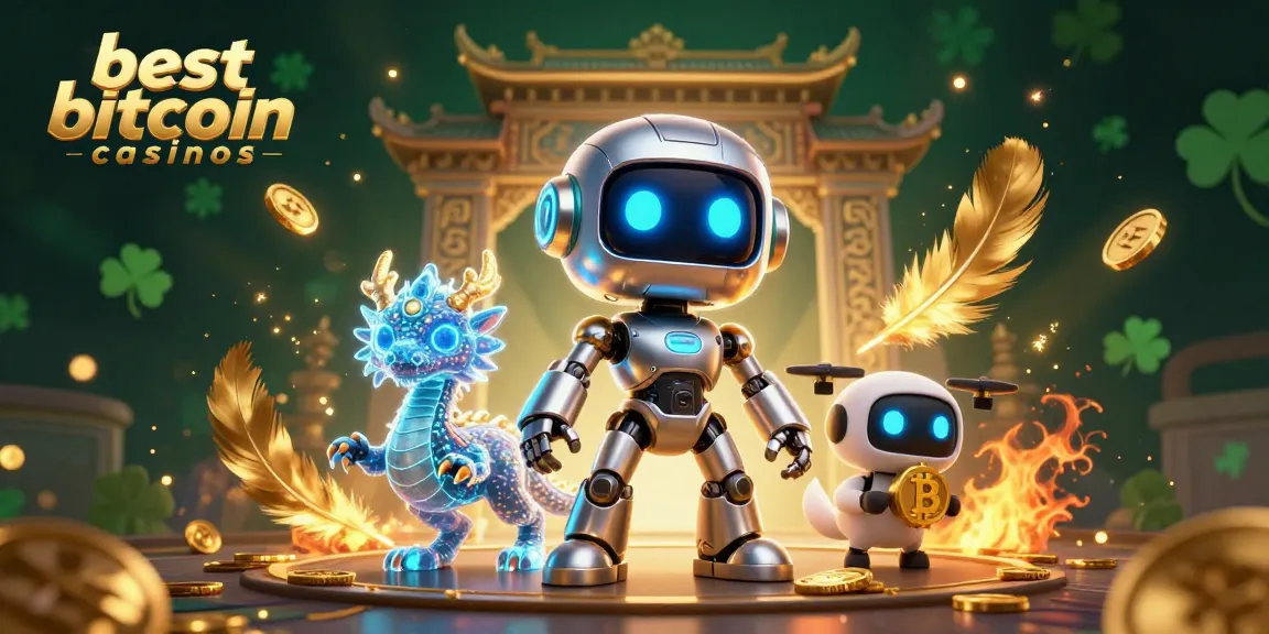 Engage with the best bitcoin casinos featuring a cyberpunk robot and bitcoin symbols amidst a vibrant casino scene.