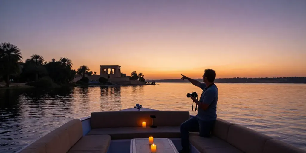 Lake Nasser Cruise experience at sunset with ancient temples in view.