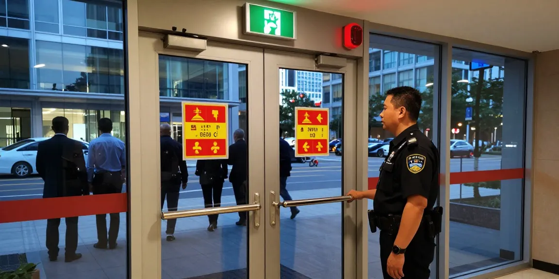 Security guard overseeing an exit door during a fire drill in a commercial building.