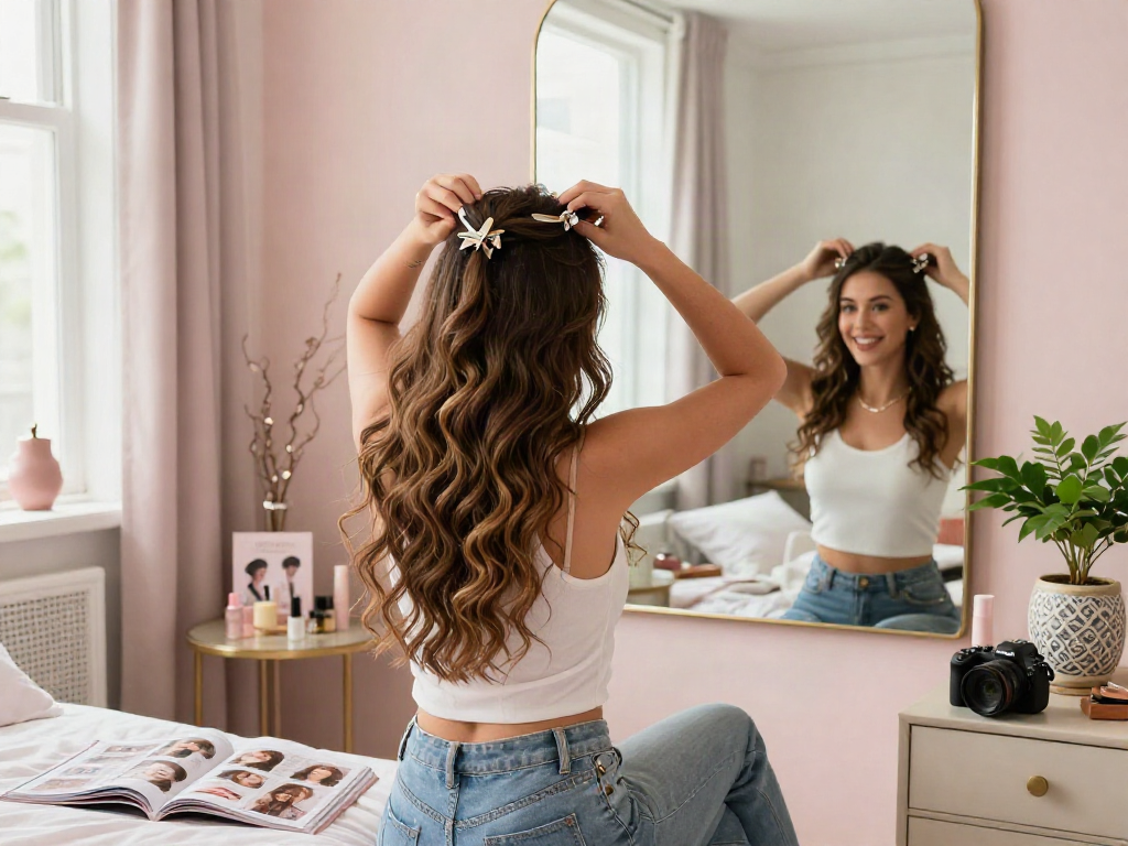 Woman using easy clip in extensions in a chic urban bedroom.