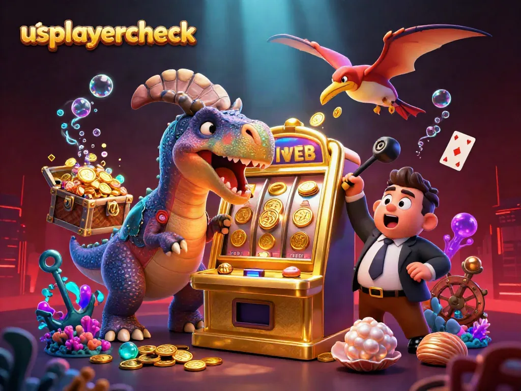 usplayercheck highlights a whimsical casino scene with dinosaurs and jackpot coins flying everywhere.