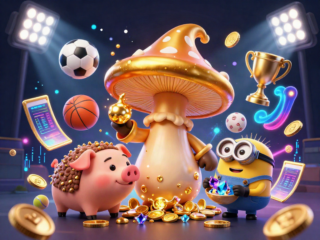 Experience the magic of 78win with a golden mushroom wizard and dynamic sports elements in a captivating 3D illustration.