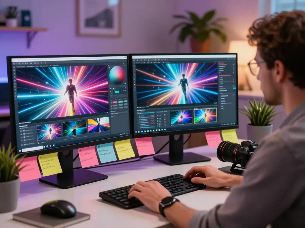 Creating stunning videos with kling ai software in a modern workspace, showcasing technology and creativity.