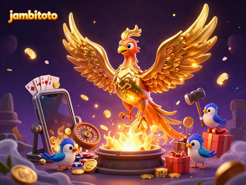 Experience the thrilling gameplay at jambitoto with a dynamic, vibrant 3D casino illustration featuring a magical phoenix.