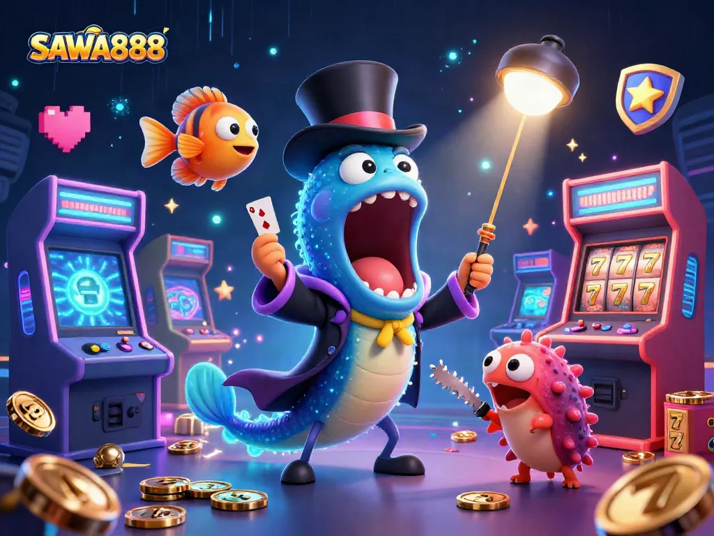 SAWA888 showcases a vibrant deep-sea gambling scene with characters involving card tricks and slot games.