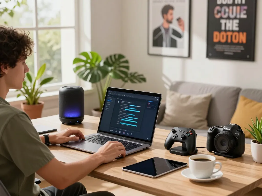Top 10 tech gadgets 2101 showcased in a modern home office with stylish desk and vibrant plants.