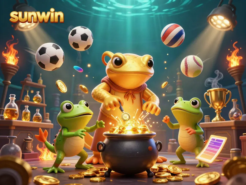 Experience victories with sunwin, featuring dynamic 3D casino elements and vibrant characters.