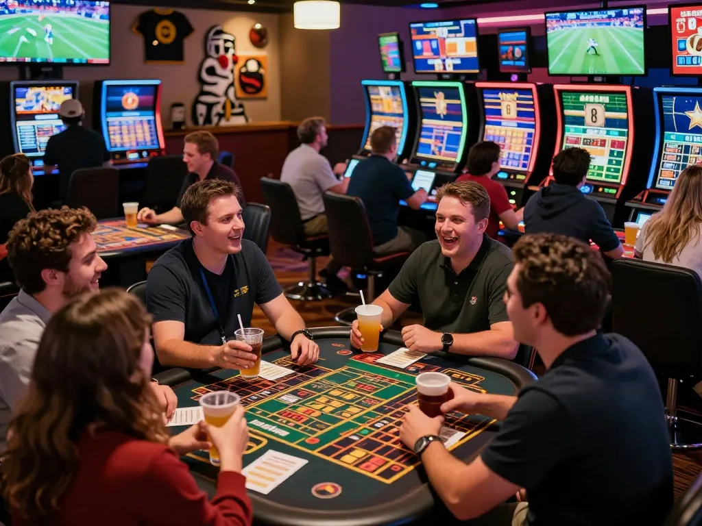 nohu sports betting excitement with fans cheering in lively casino environment