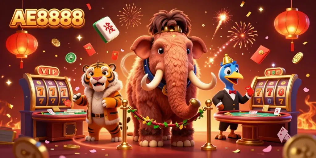 Experience the excitement of AE8888 with a vibrant casino scene featuring animated characters and dynamic game elements.