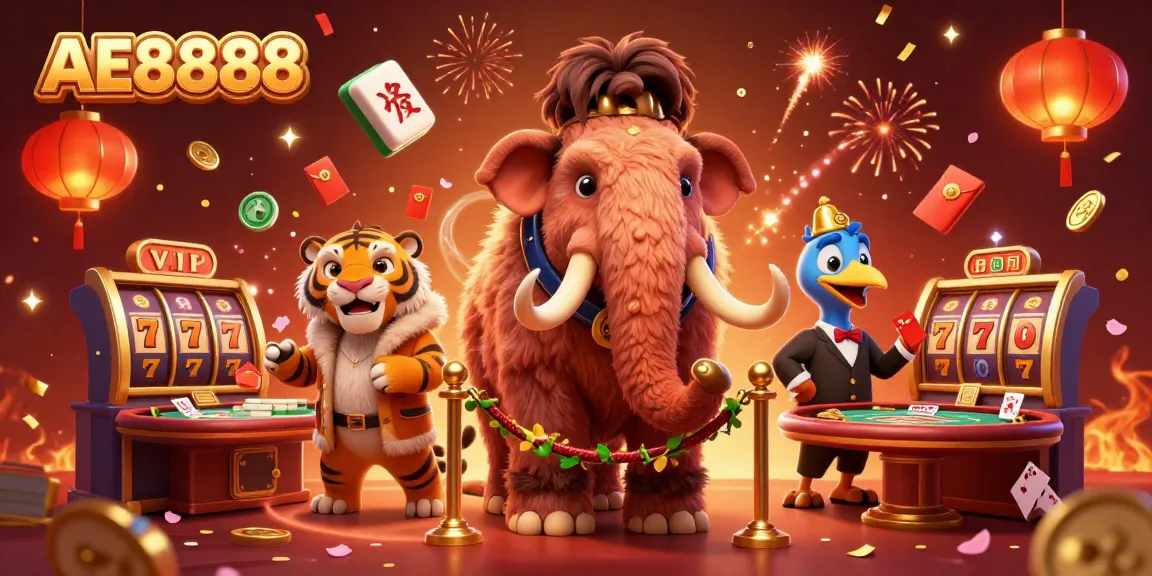Experience the excitement of AE8888 with a vibrant casino scene featuring animated characters and dynamic game elements.